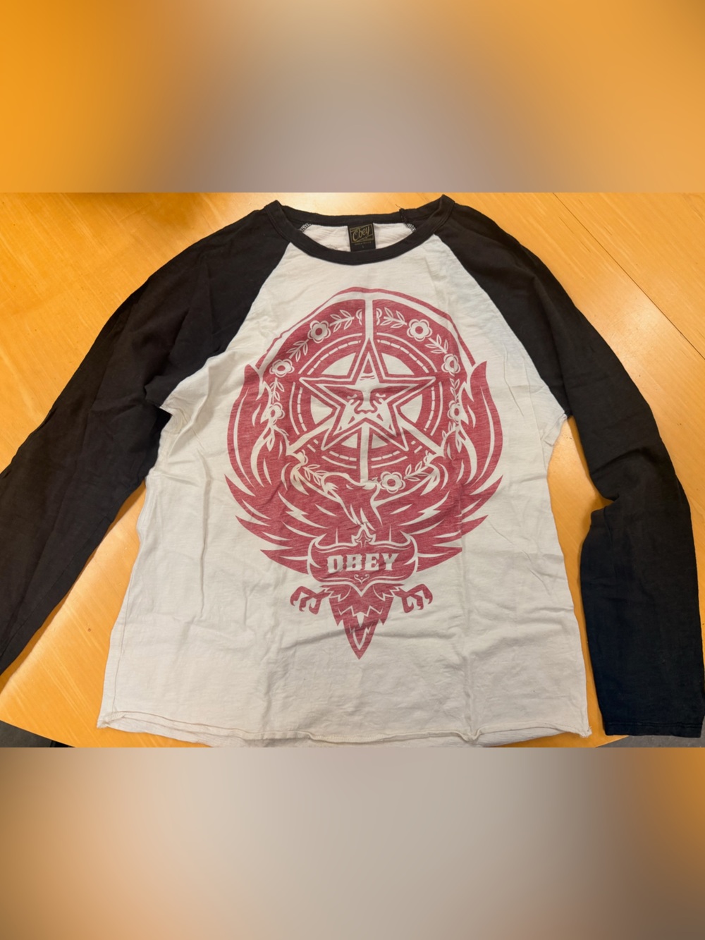 Obey Men's Propaganda Long Sleeve Raglan Tee in White, Black and Red Crest